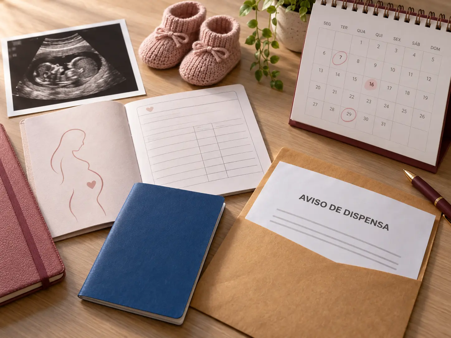 Ultrassom, cartão pré-natal, carteira de trabalho, calendário e aviso de dispensa organizados