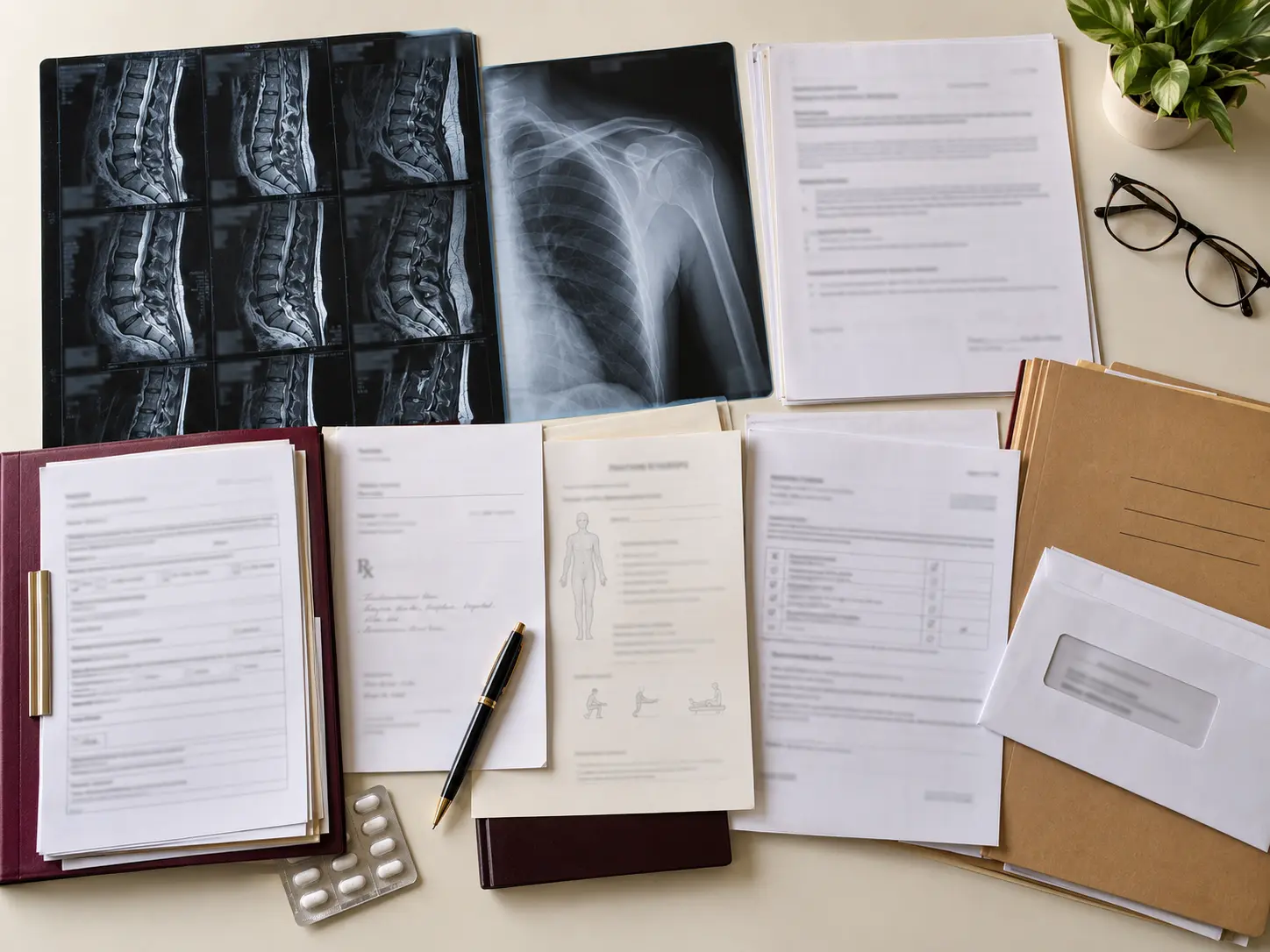 Exames de imagem, relatórios e documentos médicos organizados