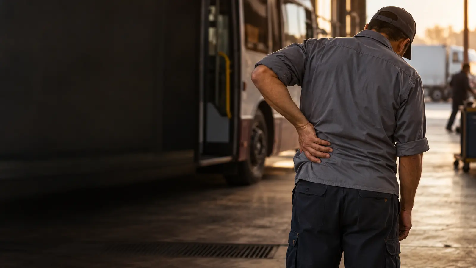 Trabalhador com dor na região lombar ao lado de veículo utilizado no trabalho